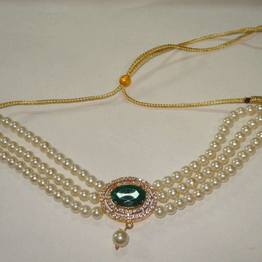 3 Strand Faux Pearls Green Oval Stone Choker Necklace